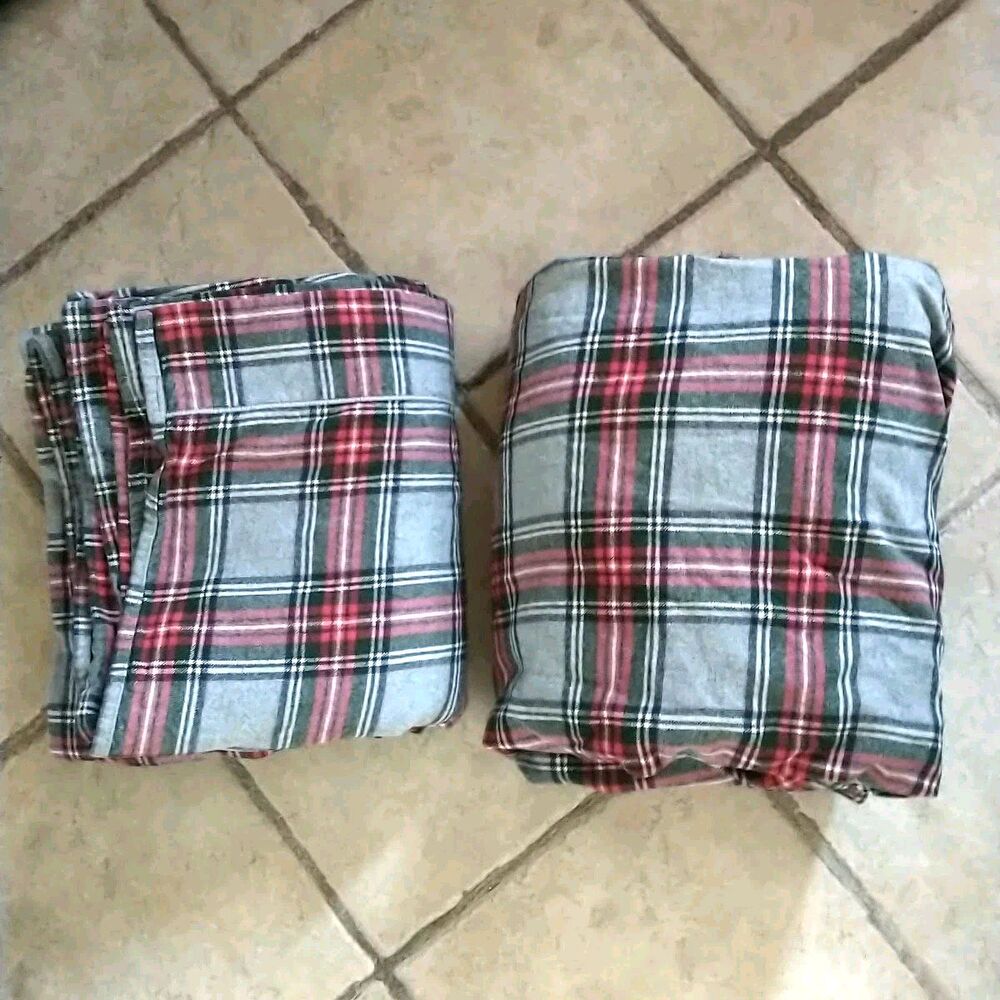 LL Bean Fitted Flat Sheet Set Gray Tartan Plaid Flannel Queen Cotton Portugal